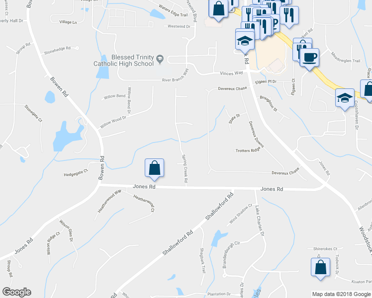 map of restaurants, bars, coffee shops, grocery stores, and more near 255 Spring Creek Road in Roswell