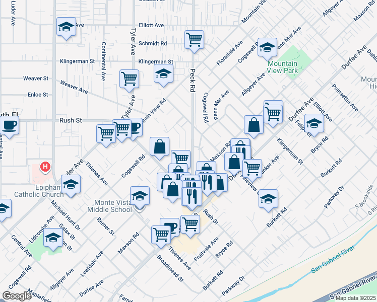 map of restaurants, bars, coffee shops, grocery stores, and more near 2133 Peck Road in El Monte