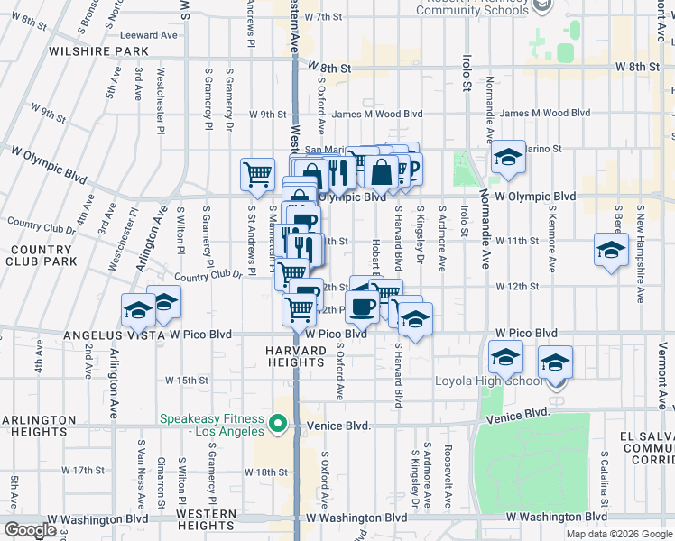 map of restaurants, bars, coffee shops, grocery stores, and more near 1125 South Serrano Avenue in Los Angeles