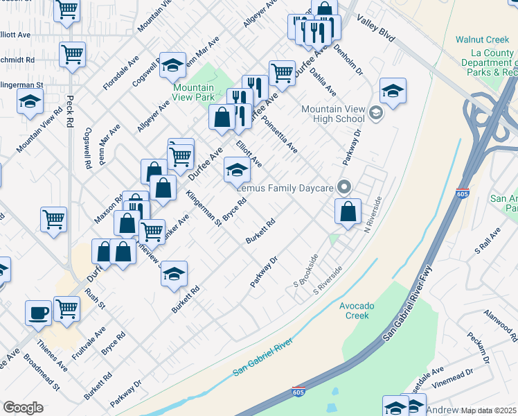 map of restaurants, bars, coffee shops, grocery stores, and more near 12427 Felipe Street in El Monte