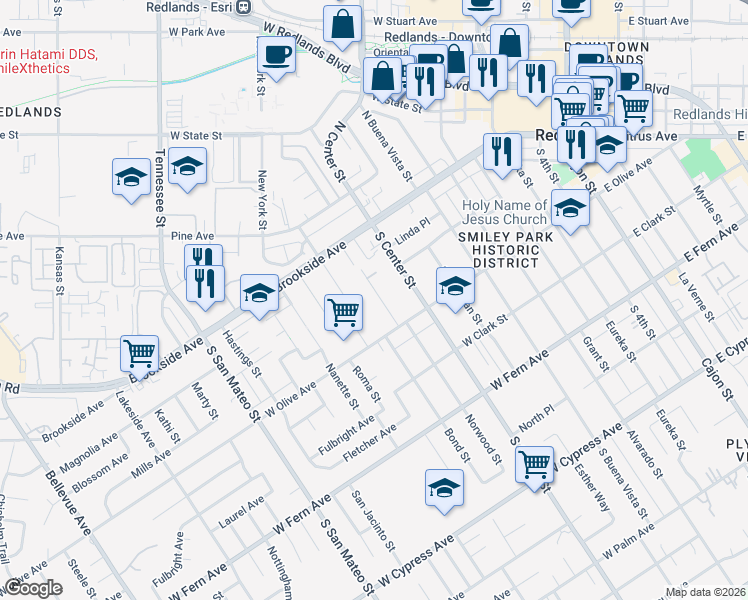 map of restaurants, bars, coffee shops, grocery stores, and more near 114 Norwood Street in Redlands