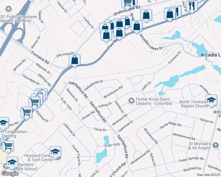 map of restaurants, bars, coffee shops, grocery stores, and more near 6608 Vanwood Drive in Columbia