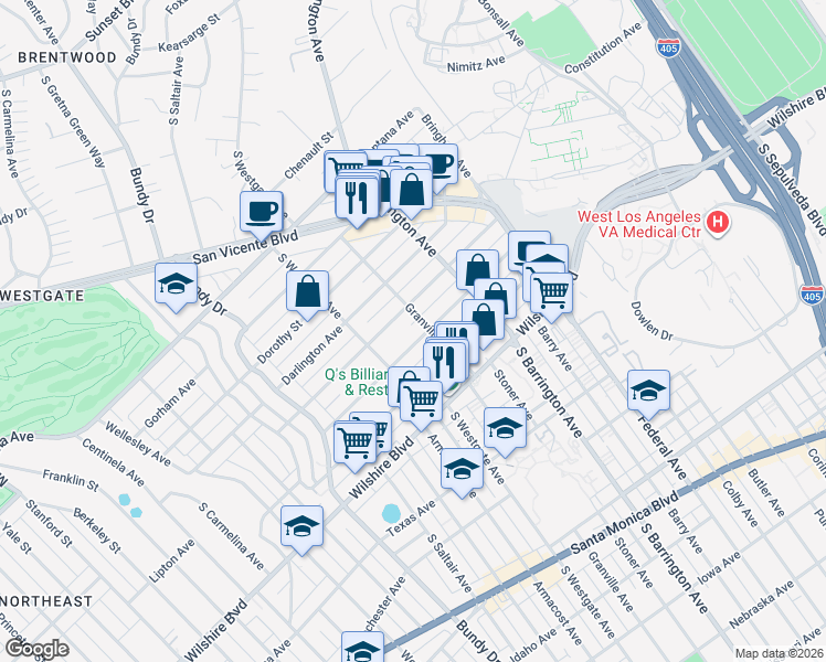 map of restaurants, bars, coffee shops, grocery stores, and more near 11811 Kiowa Avenue in Los Angeles