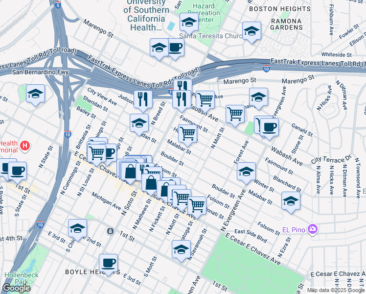 map of restaurants, bars, coffee shops, grocery stores, and more near 2455 Malabar Street in Los Angeles