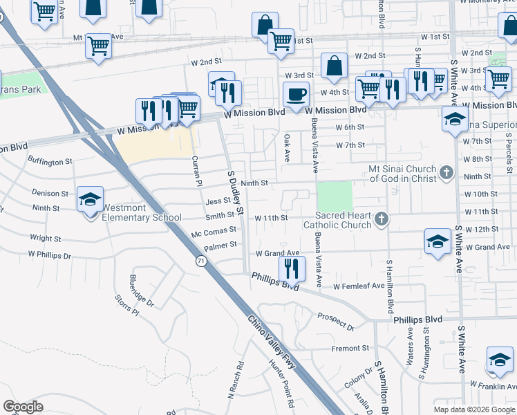 map of restaurants, bars, coffee shops, grocery stores, and more near 1444 West 10th Street in Pomona