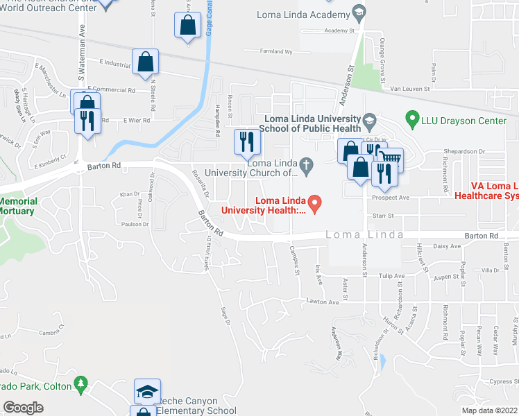 map of restaurants, bars, coffee shops, grocery stores, and more near 11234 San Lucas Drive in Loma Linda