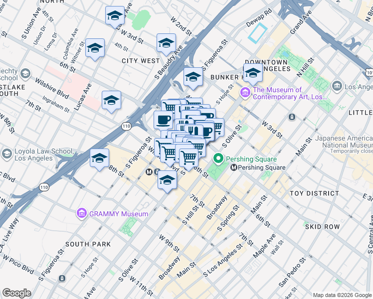 map of restaurants, bars, coffee shops, grocery stores, and more near 550 South Hope Street in Los Angeles