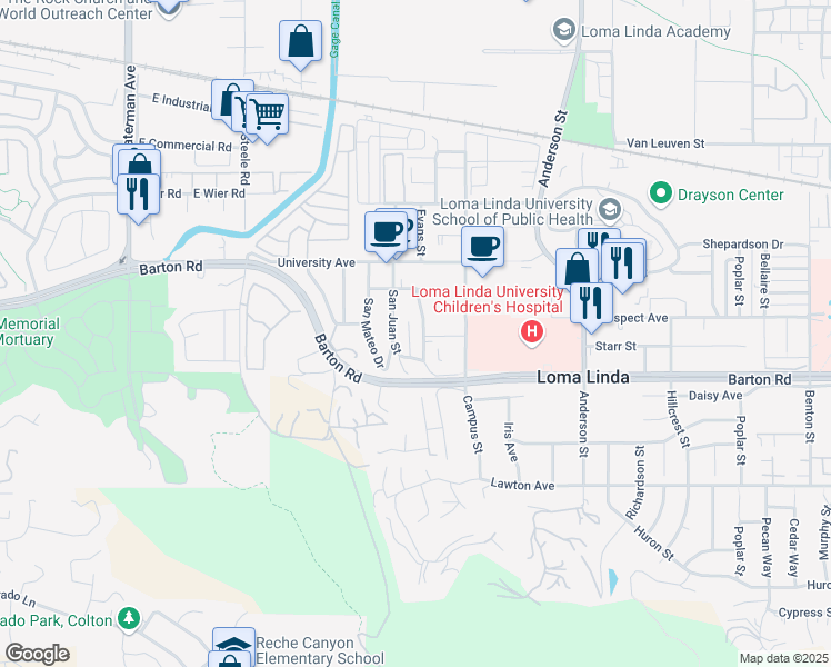 map of restaurants, bars, coffee shops, grocery stores, and more near 11234 San Lucas Drive in Loma Linda