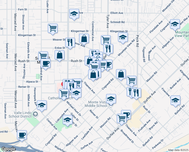map of restaurants, bars, coffee shops, grocery stores, and more near 1860 Tyler Avenue in South El Monte