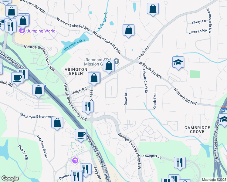 map of restaurants, bars, coffee shops, grocery stores, and more near 4171 Shiloh Ridge Trail in Kennesaw
