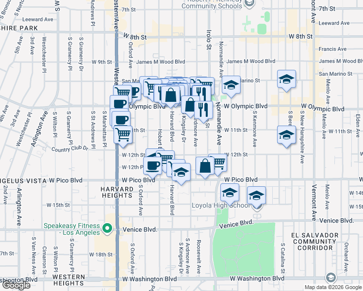 map of restaurants, bars, coffee shops, grocery stores, and more near 1139 South Kingsley Drive in Los Angeles