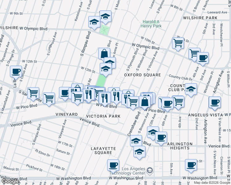map of restaurants, bars, coffee shops, grocery stores, and more near 1253 South Plymouth Boulevard in Los Angeles