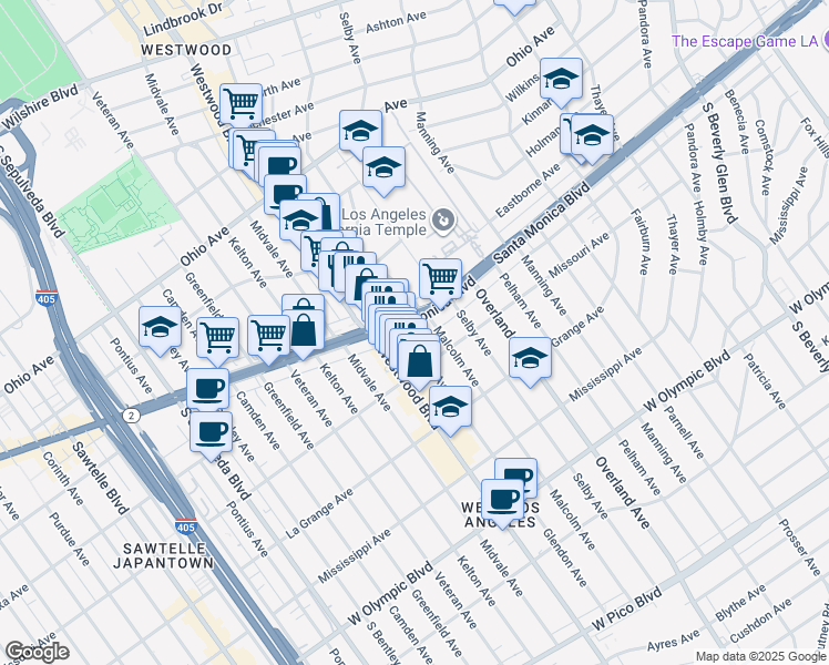 map of restaurants, bars, coffee shops, grocery stores, and more near 10854 Santa Monica Boulevard in Los Angeles