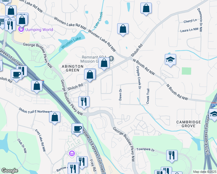 map of restaurants, bars, coffee shops, grocery stores, and more near 4164 Little Springs Road in Kennesaw