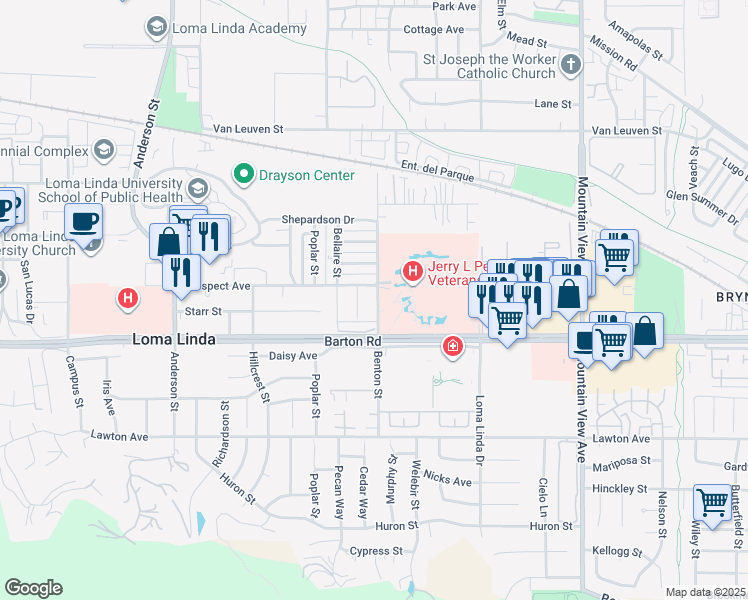 map of restaurants, bars, coffee shops, grocery stores, and more near 11232 Benton Street in Loma Linda