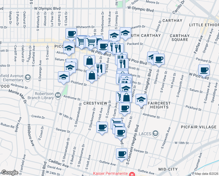 map of restaurants, bars, coffee shops, grocery stores, and more near 8576 Horner Street in Los Angeles