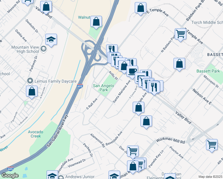 map of restaurants, bars, coffee shops, grocery stores, and more near 245 South San Angelo Avenue in La Puente