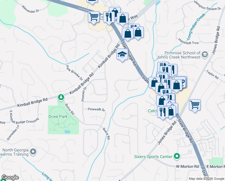 map of restaurants, bars, coffee shops, grocery stores, and more near 11060 Indian Village Drive in Alpharetta