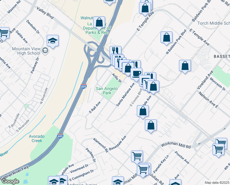 map of restaurants, bars, coffee shops, grocery stores, and more near 245 South San Angelo Avenue in La Puente