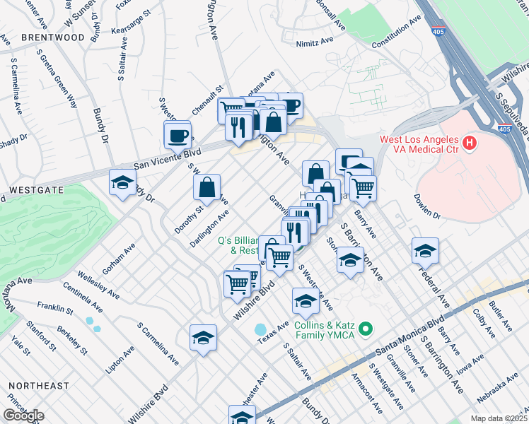 map of restaurants, bars, coffee shops, grocery stores, and more near 11820 Mayfield Avenue in Los Angeles