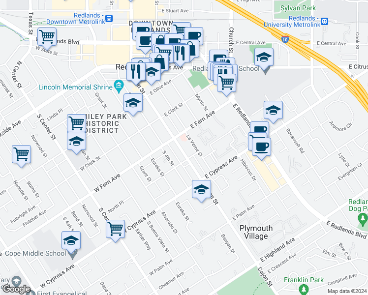 map of restaurants, bars, coffee shops, grocery stores, and more near 429 Cajon Street in Redlands