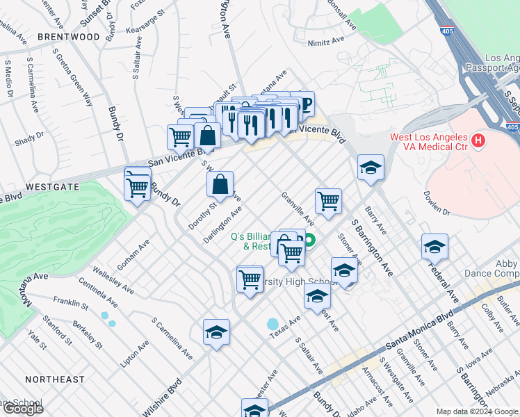 map of restaurants, bars, coffee shops, grocery stores, and more near 11845 Mayfield Avenue in Los Angeles