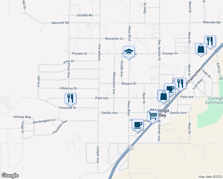 map of restaurants, bars, coffee shops, grocery stores, and more near 11040 Mescalero Avenue in Morongo Valley