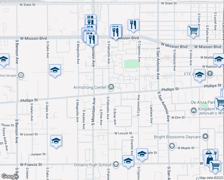 map of restaurants, bars, coffee shops, grocery stores, and more near 1265 South Palmetto Avenue in Ontario