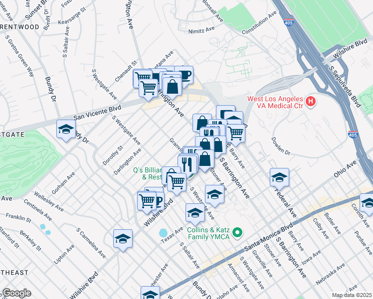 map of restaurants, bars, coffee shops, grocery stores, and more near 11717 Kiowa Avenue in Los Angeles