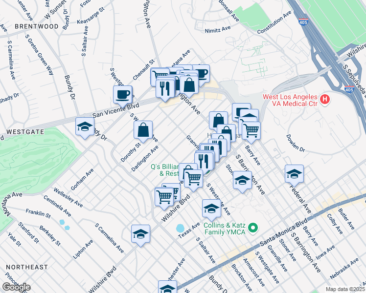 map of restaurants, bars, coffee shops, grocery stores, and more near 11820 Mayfield Avenue in Los Angeles