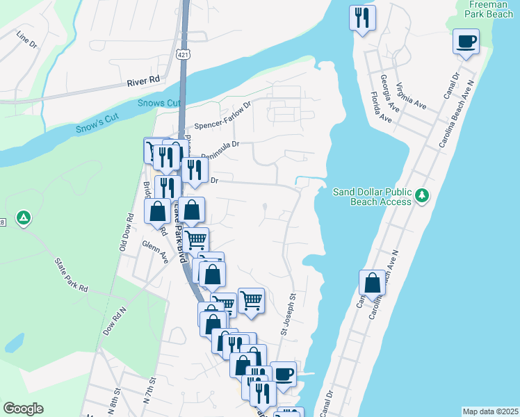 map of restaurants, bars, coffee shops, grocery stores, and more near 209 Oak Outlook Way North in Carolina Beach
