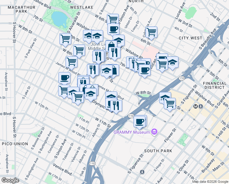 map of restaurants, bars, coffee shops, grocery stores, and more near 1421 James M Wood Boulevard in Los Angeles
