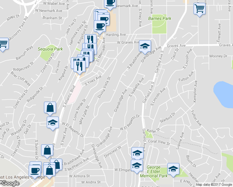 map of restaurants, bars, coffee shops, grocery stores, and more near 1002 South Bradshawe Avenue in Monterey Park