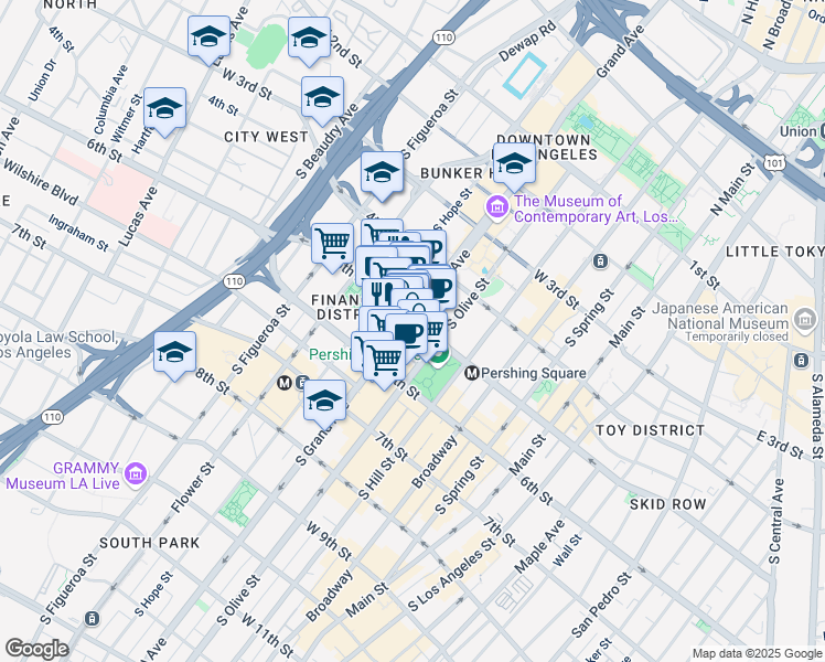 map of restaurants, bars, coffee shops, grocery stores, and more near 512 South Grand Avenue in Los Angeles