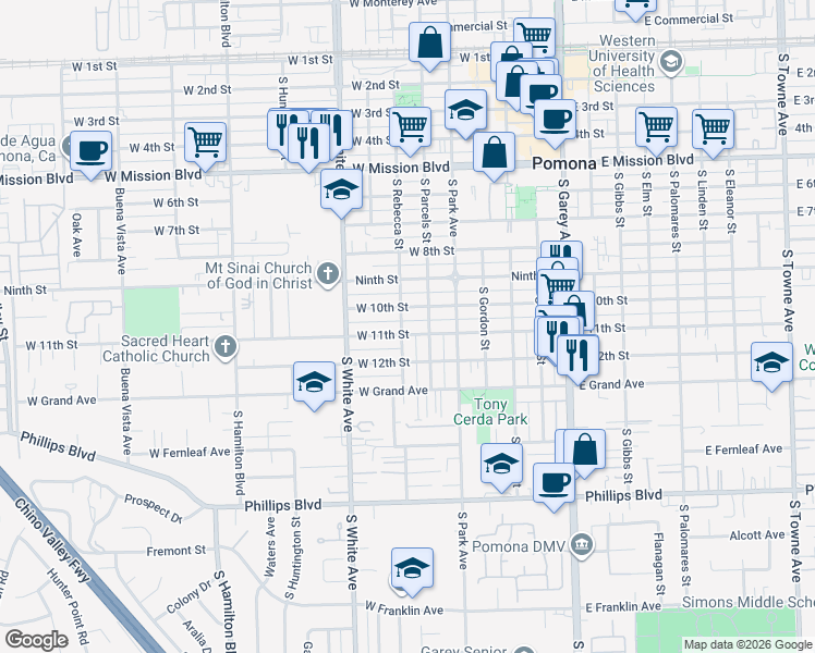 map of restaurants, bars, coffee shops, grocery stores, and more near 1060 South Rebecca Street in Pomona