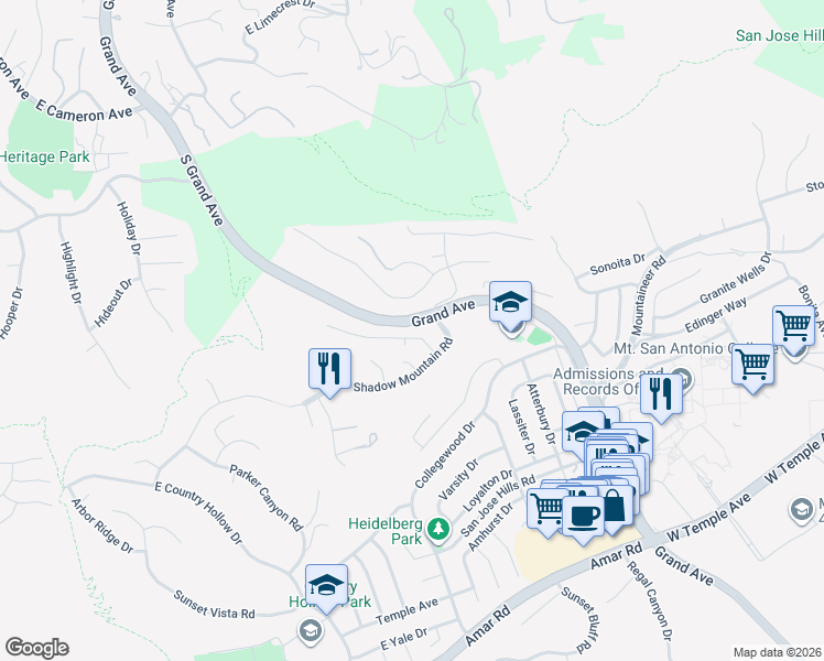 map of restaurants, bars, coffee shops, grocery stores, and more near 20555 Shadow Mountain Road in Walnut