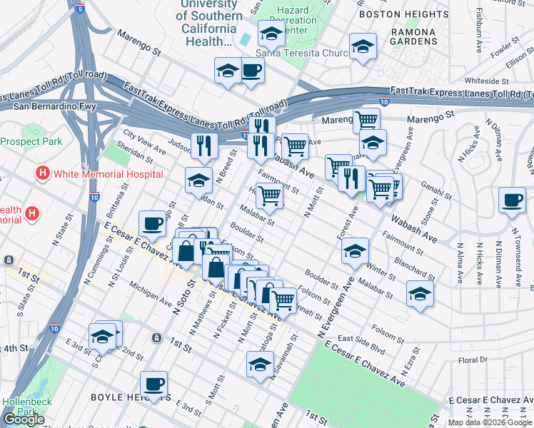 map of restaurants, bars, coffee shops, grocery stores, and more near 2506 Houston Street in Los Angeles