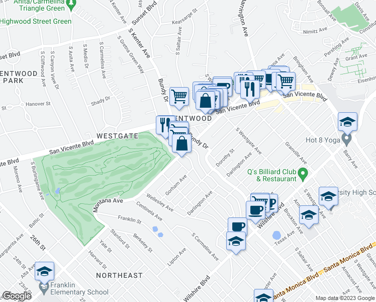 map of restaurants, bars, coffee shops, grocery stores, and more near 12160 Montana Avenue in Los Angeles