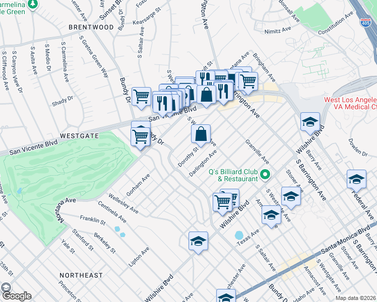 map of restaurants, bars, coffee shops, grocery stores, and more near 11953 Dorothy Street in Los Angeles