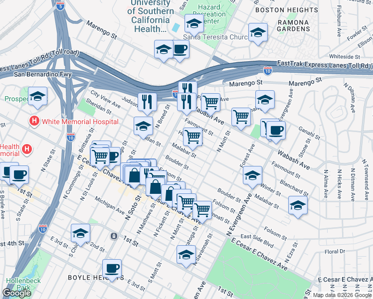 map of restaurants, bars, coffee shops, grocery stores, and more near 2447 Malabar Street in Los Angeles
