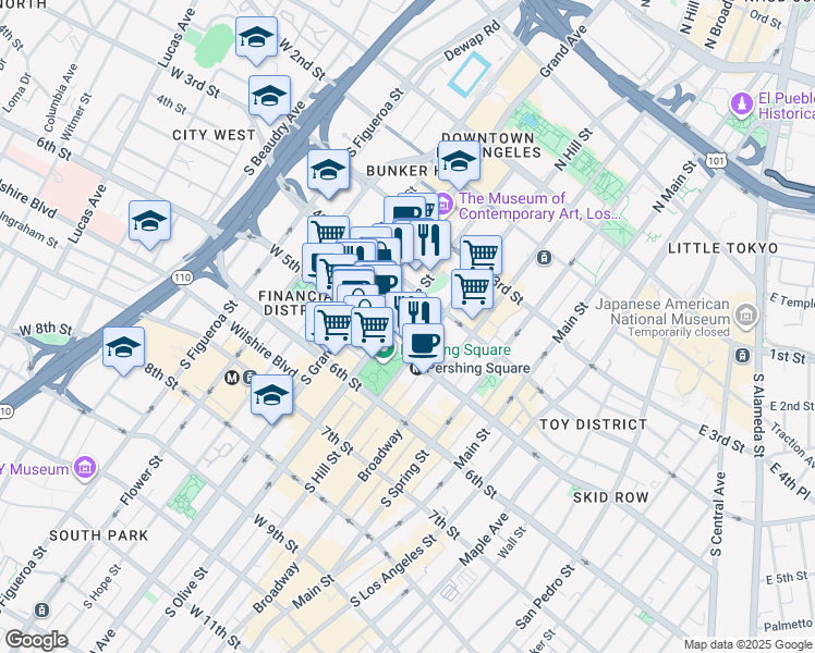 map of restaurants, bars, coffee shops, grocery stores, and more near 461 South Olive Street in Los Angeles