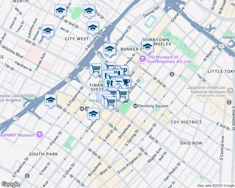 map of restaurants, bars, coffee shops, grocery stores, and more near 506 South Grand Avenue in Los Angeles