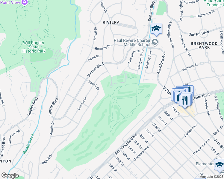 map of restaurants, bars, coffee shops, grocery stores, and more near 1250 Capri Drive in Los Angeles