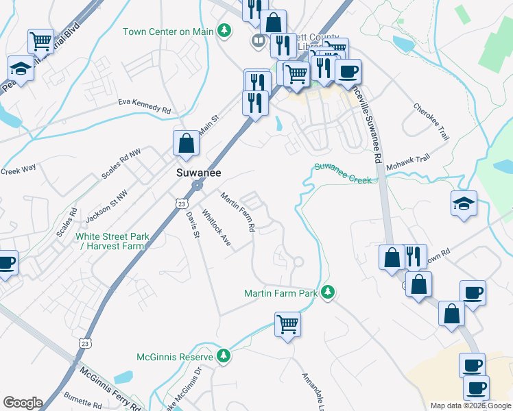 map of restaurants, bars, coffee shops, grocery stores, and more near 509 Suwanee Pass Lane in Suwanee