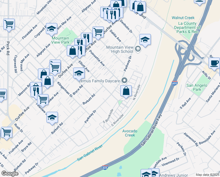 map of restaurants, bars, coffee shops, grocery stores, and more near 12527 Elliott Avenue in El Monte