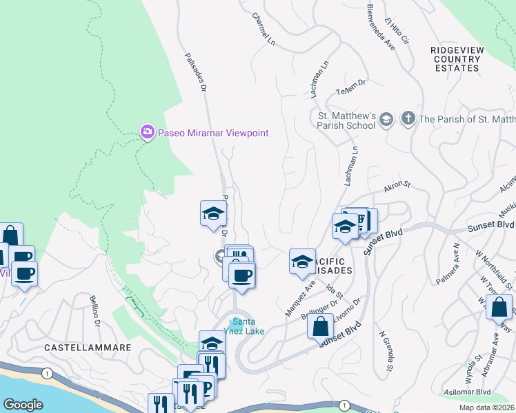 map of restaurants, bars, coffee shops, grocery stores, and more near 750 North Vía Santa Ynez in Los Angeles