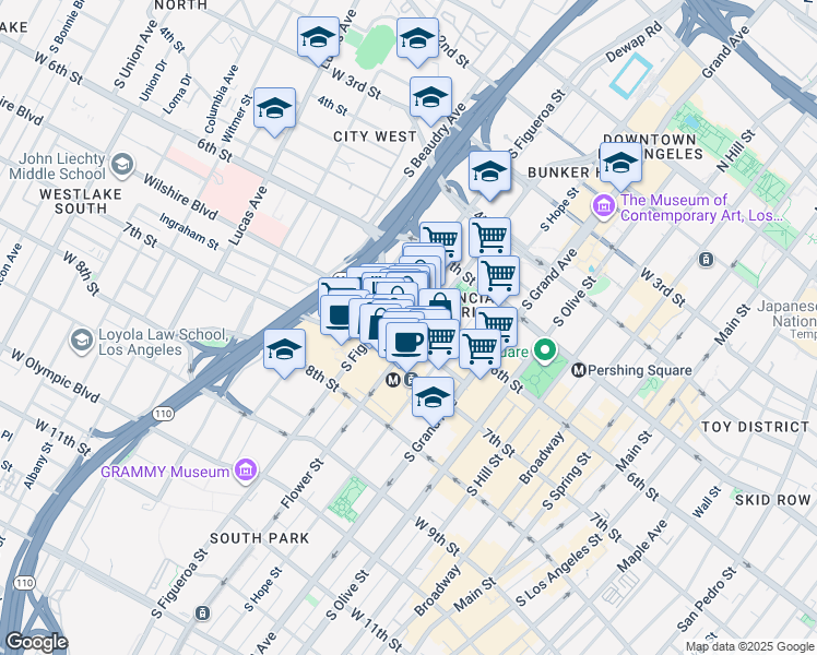 map of restaurants, bars, coffee shops, grocery stores, and more near 616 South Figueroa Street in Los Angeles