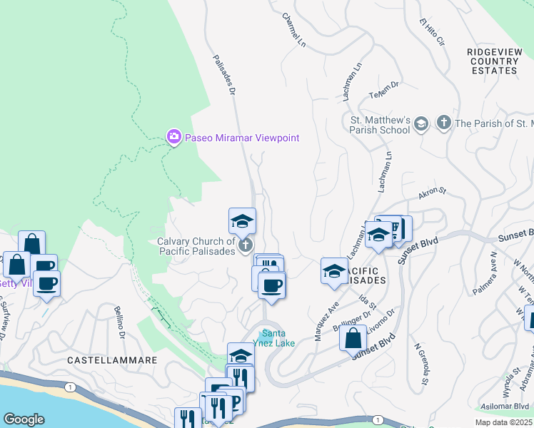 map of restaurants, bars, coffee shops, grocery stores, and more near 682 Palisades Drive in Los Angeles