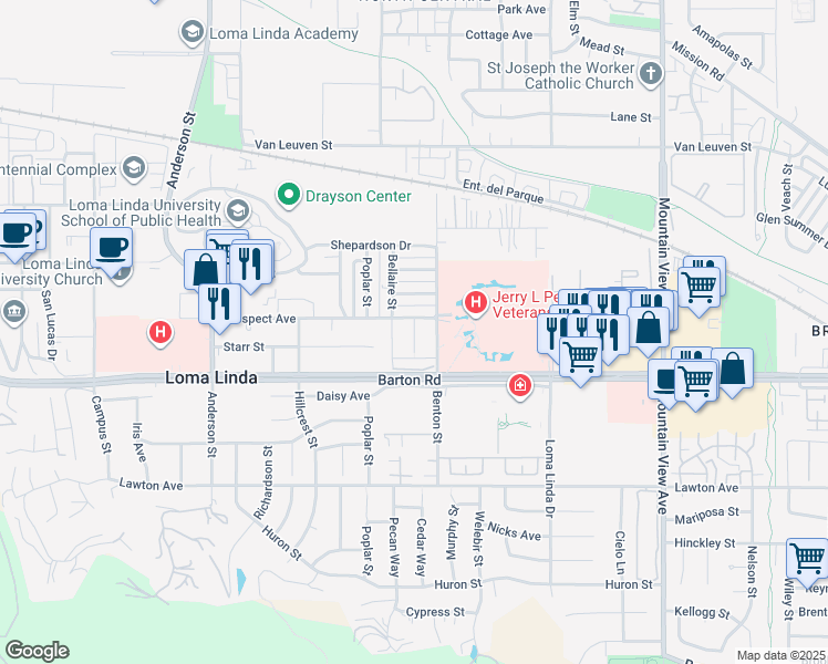 map of restaurants, bars, coffee shops, grocery stores, and more near 11212 Exeter Street in Loma Linda