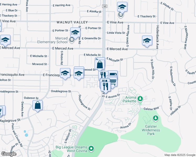 map of restaurants, bars, coffee shops, grocery stores, and more near 1443 Bridgeport in West Covina